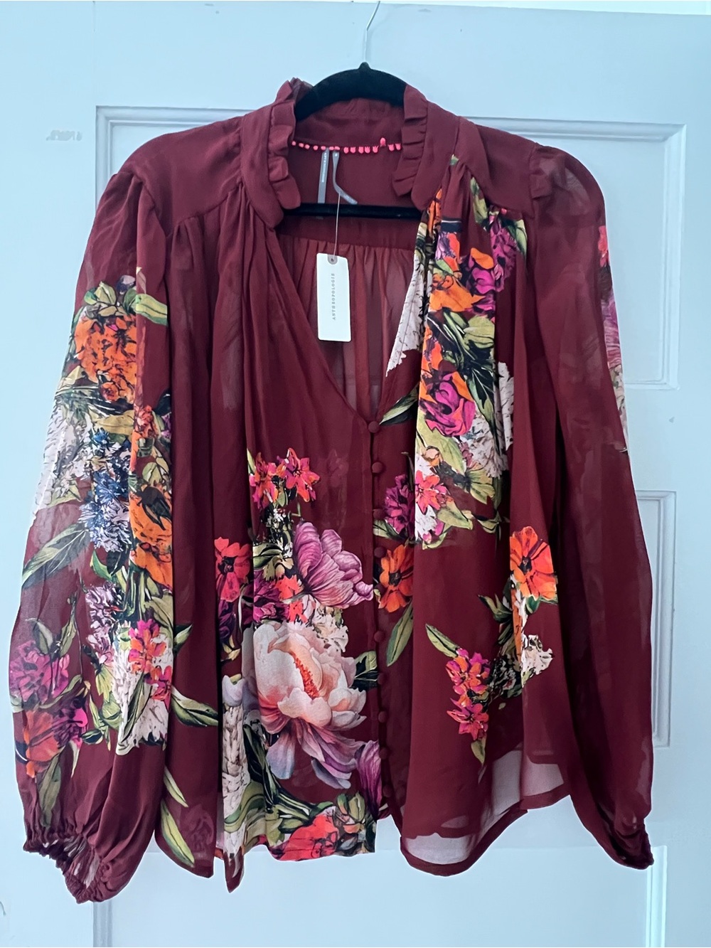 Anthropologie Burgundy Floral Sheer V-Neck Blouse - Picture 3 of 4
